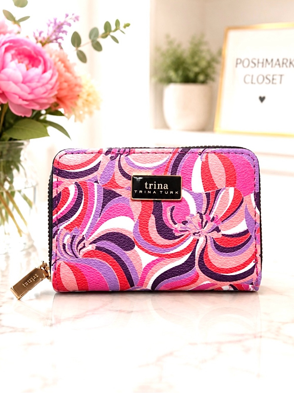 TRINA TURK Multicolor Pink and Purple Swirl Wallet w/Silver-Toned Hardware
